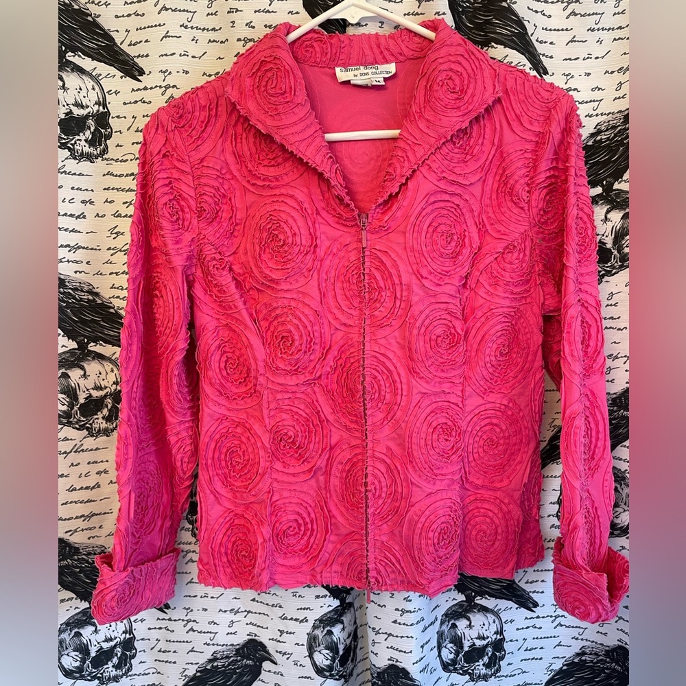 Samuel Dong, pink fitted jacket, double zipper, cuffed sleeves